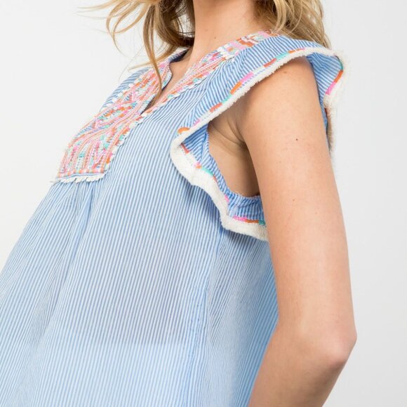 THML Blue Striped Embroidered Blouse - Picture 5 of 7